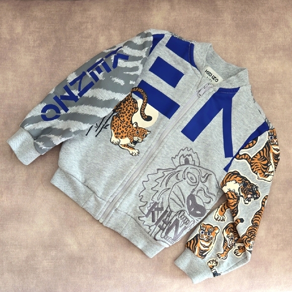 Kenzo Kids Gray Zip-up Sweatshirt with Blue and Animal Print Size 4y